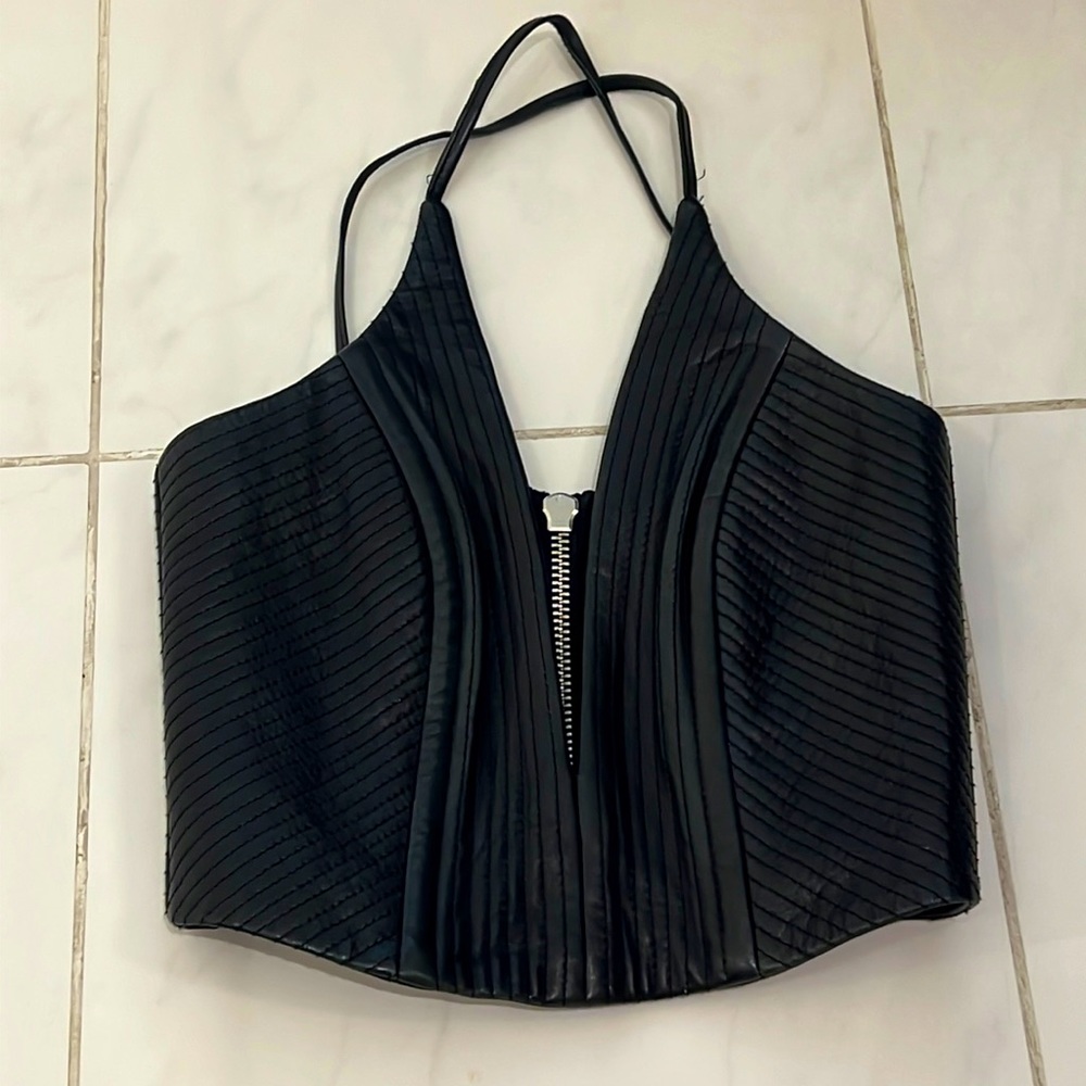 High quality made real leather crop top plunging v-line